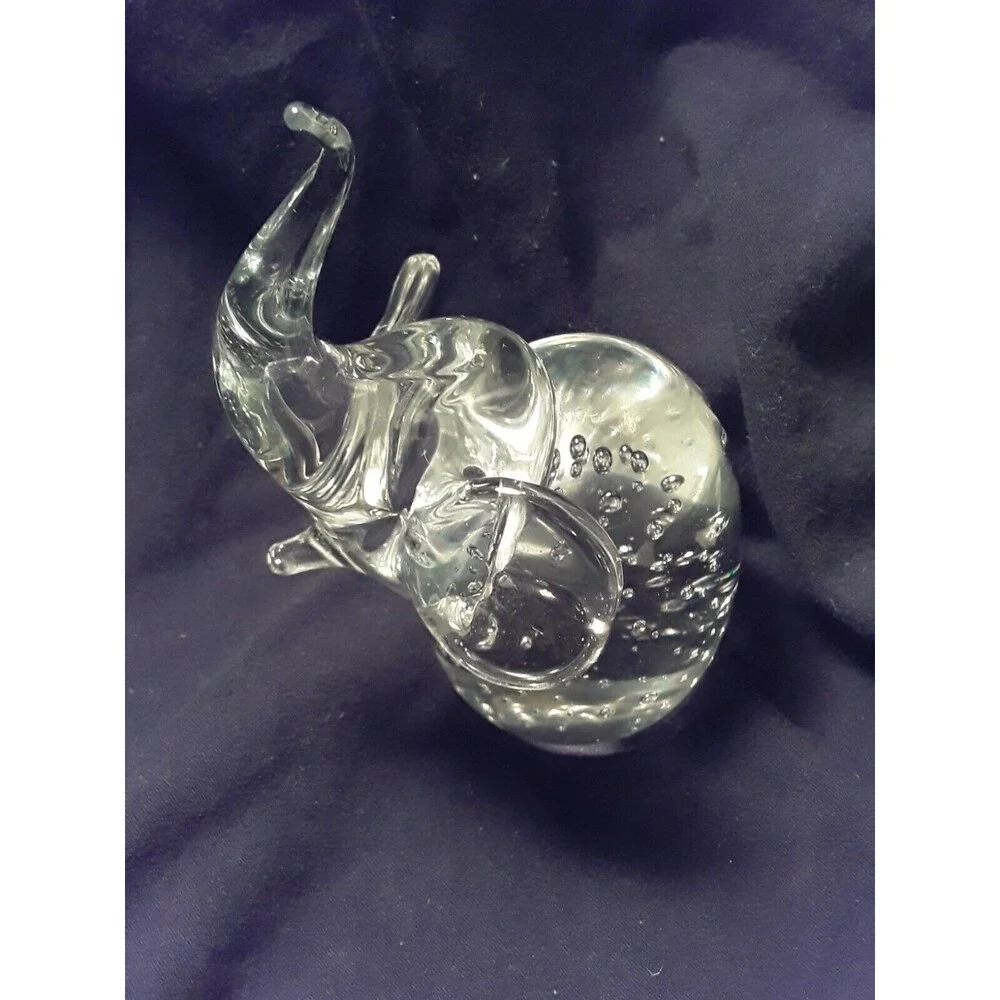 Glass Elephant Paperweight, Clear Bubbles Art Glass  Trunk Up  Figurine 4 
